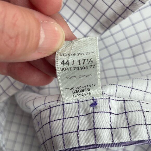 Eton Dress Shirt Mens 17.5-44 White Purple Check Long Sleeve Button Up FLAW - Picture 7 of 9